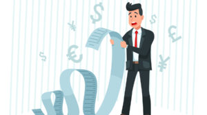 Pay Big Bill. Businessman Holding Long Bill, Shocked By Payment