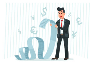 Pay Big Bill. Businessman Holding Long Bill, Shocked By Payment